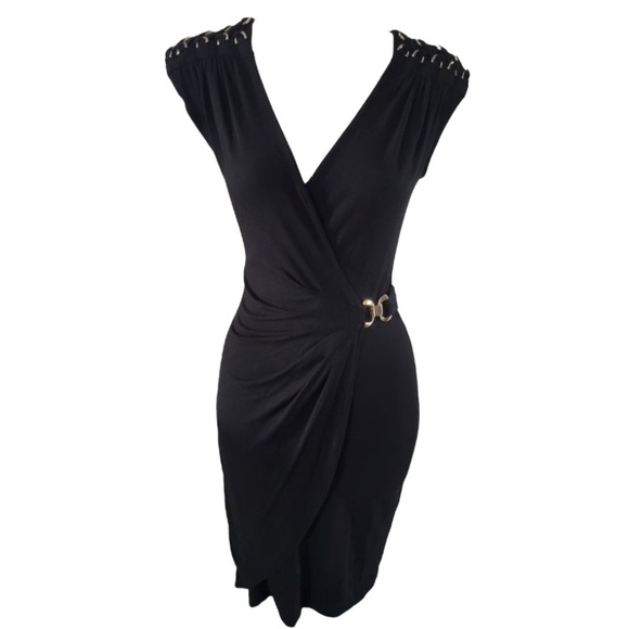 NWT Cache Black and Gold Ruched faux wrap Dress - Picture 6 of 10